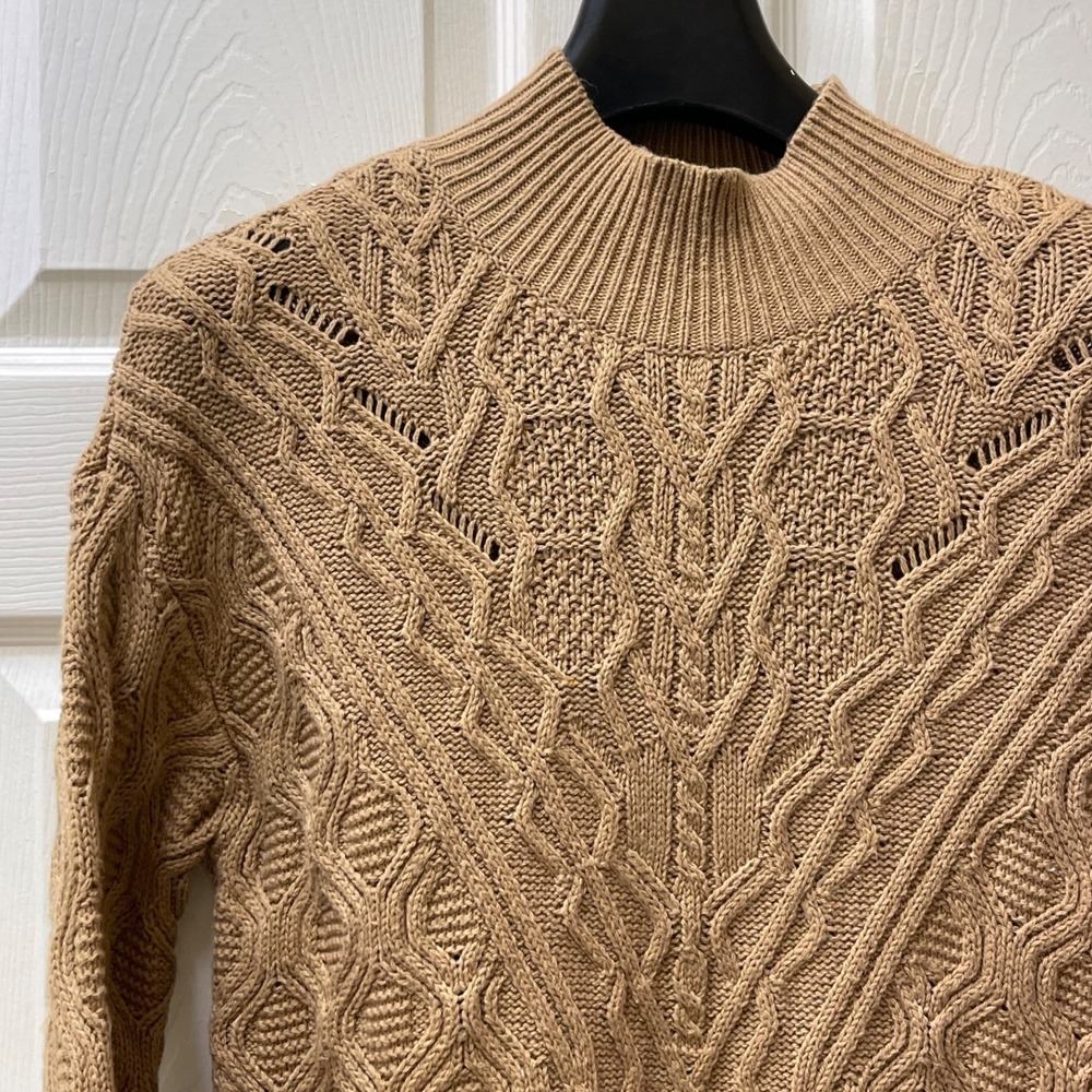 Talbots Women's Sz XS Camel Mixed Cable Mock Neck Cotton Blend Sweater